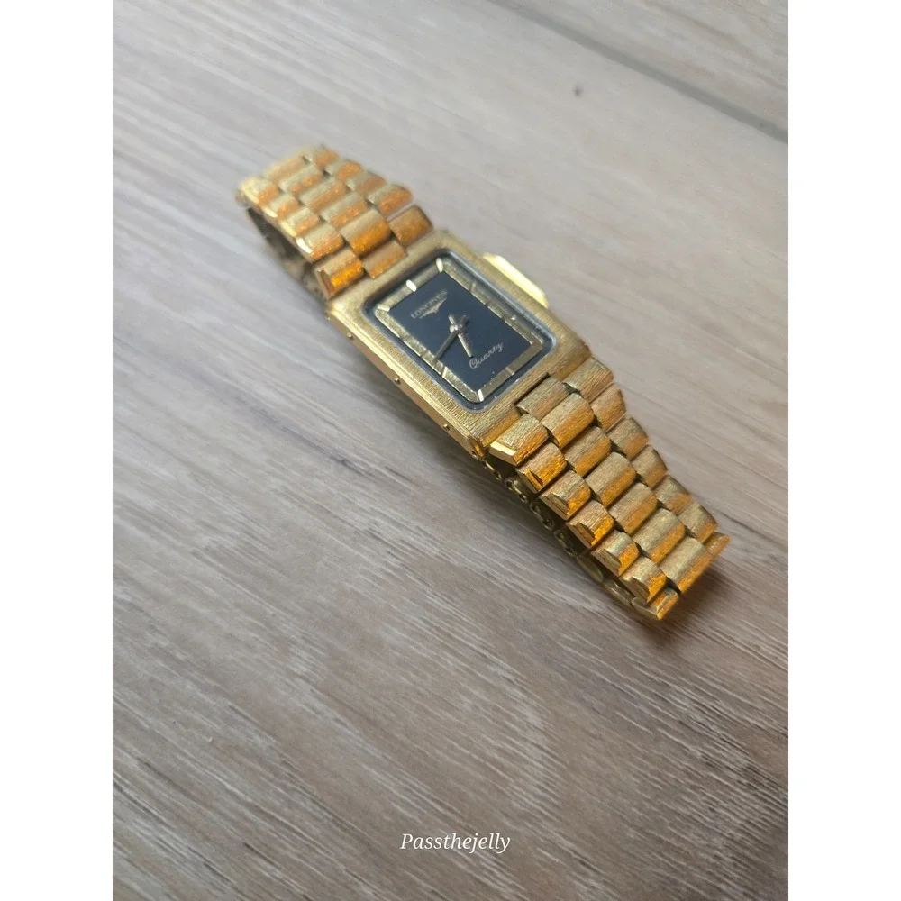 Longines Watch Mens Gold Tone Rectangular Black Dial Quartz Dress Bracelet Vtg
